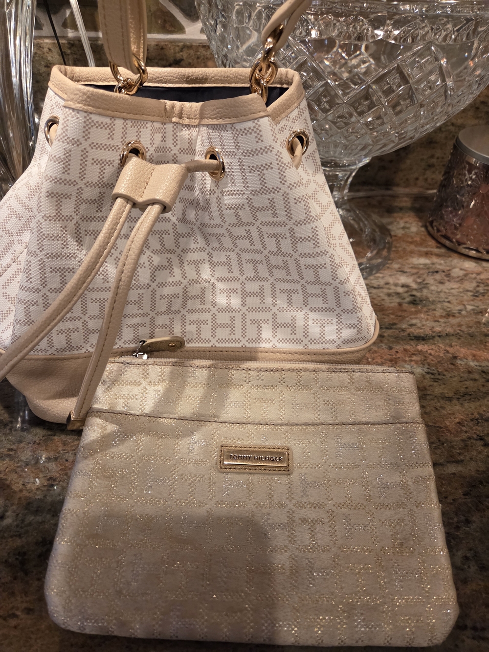 Tommy Hilfiger Cream Monogram Drawstring Bucket Bag with Coordinating Wristlet